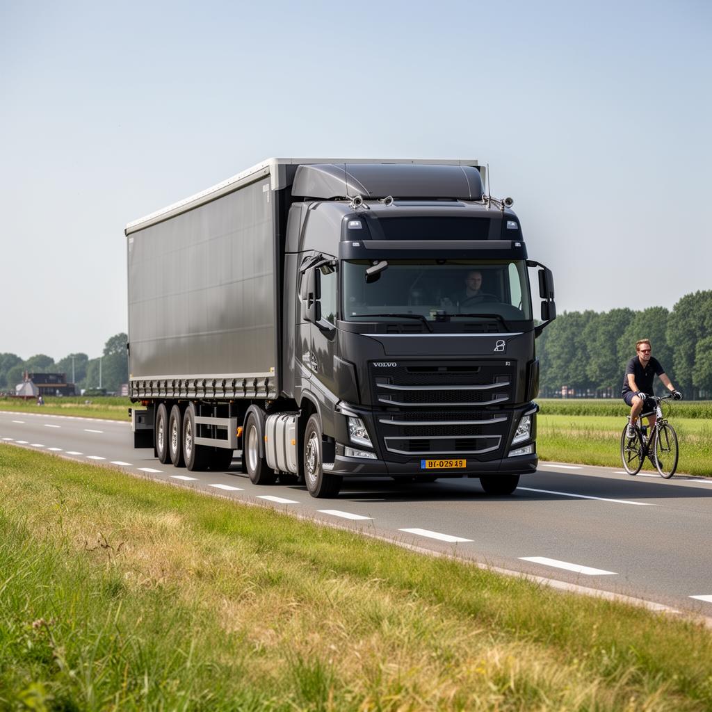 Vrachtwagen op een Nederlandse weg met een fietser ernaast