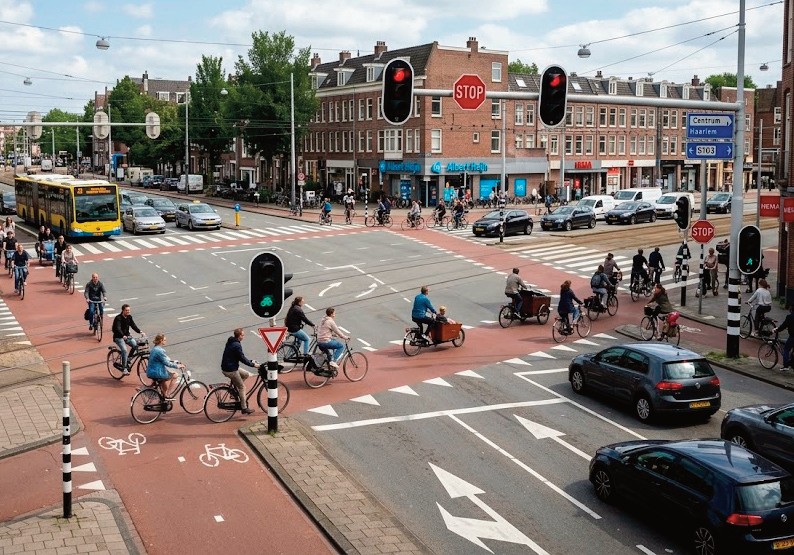 Druk kruispunt met fietsers, auto's, bus en verkeerslichten in de stad.