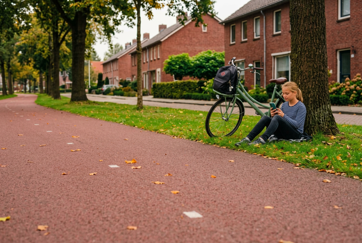 Meisje zit onder een boom naast haar fiets en kijkt op haar telefoon — veilig aan de kant van de weg