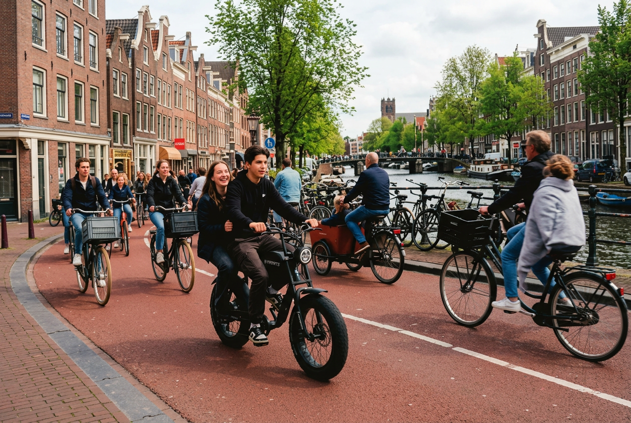 Drukke fietsstraat met fietsers en een fatbike