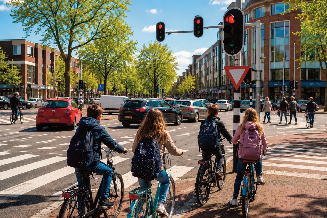 Vier scholieren wachten met hun fiets bij een druk kruispunt met verkeerslichten