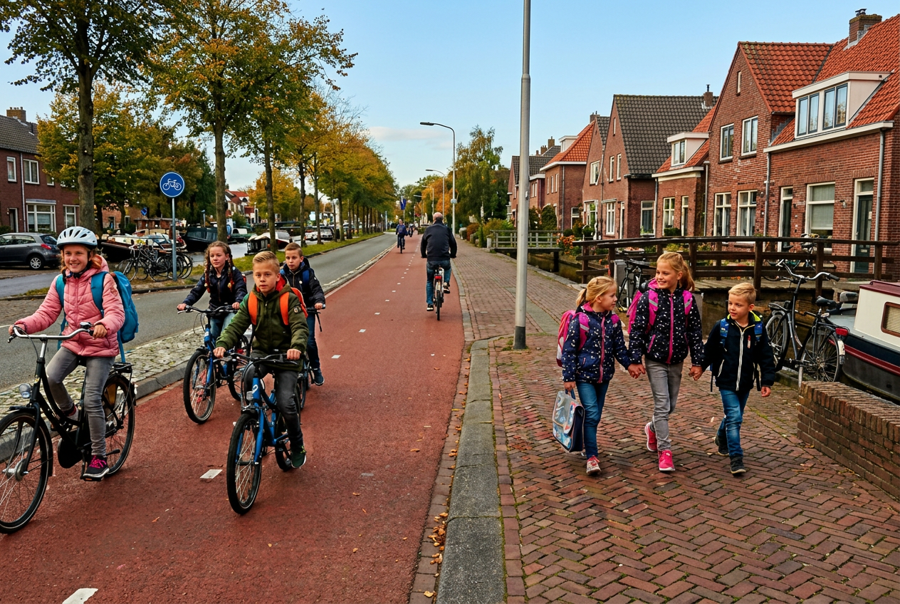Kinderen die veilig en oplettend door het verkeer gaan