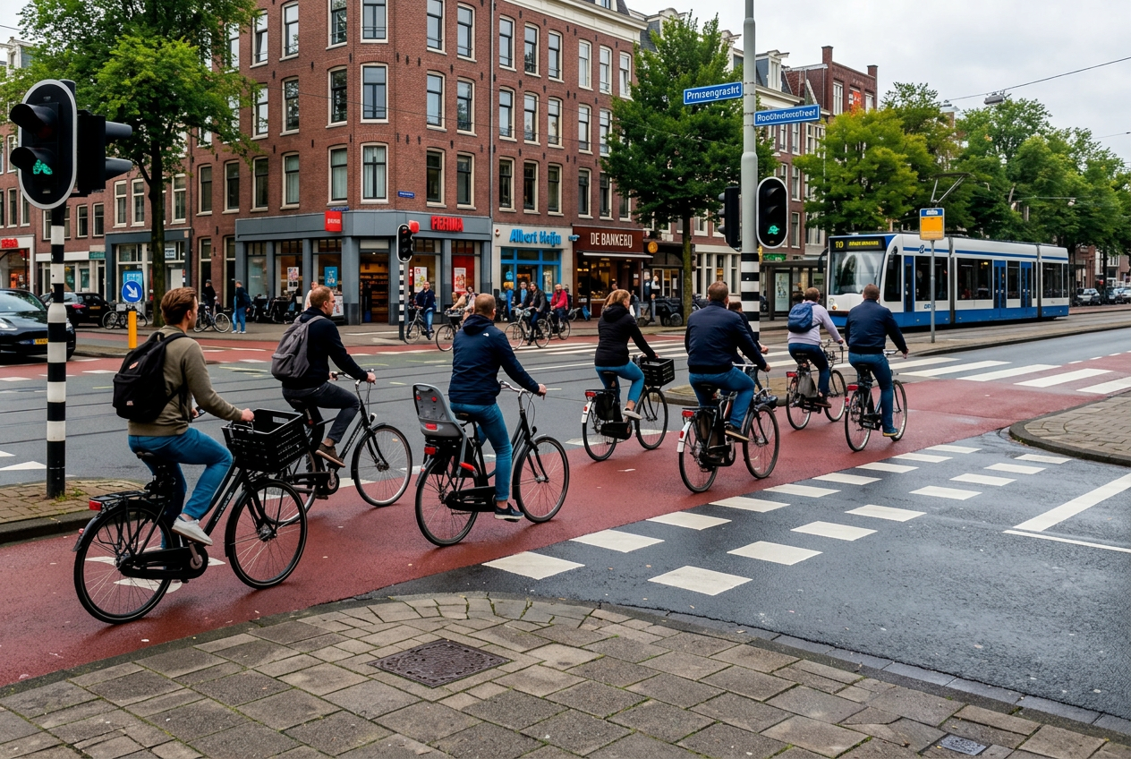 Druk kruispunt in de stad met fietsers, verkeerslichten en een tram