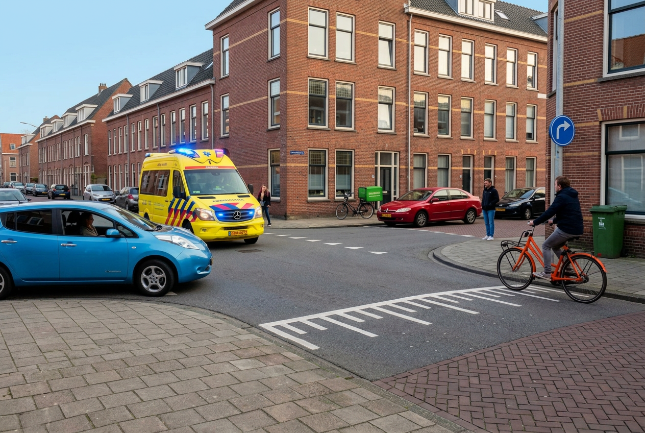 Een ambulance, auto's en een fietser op een kruispunt in een Nederlandse stad
