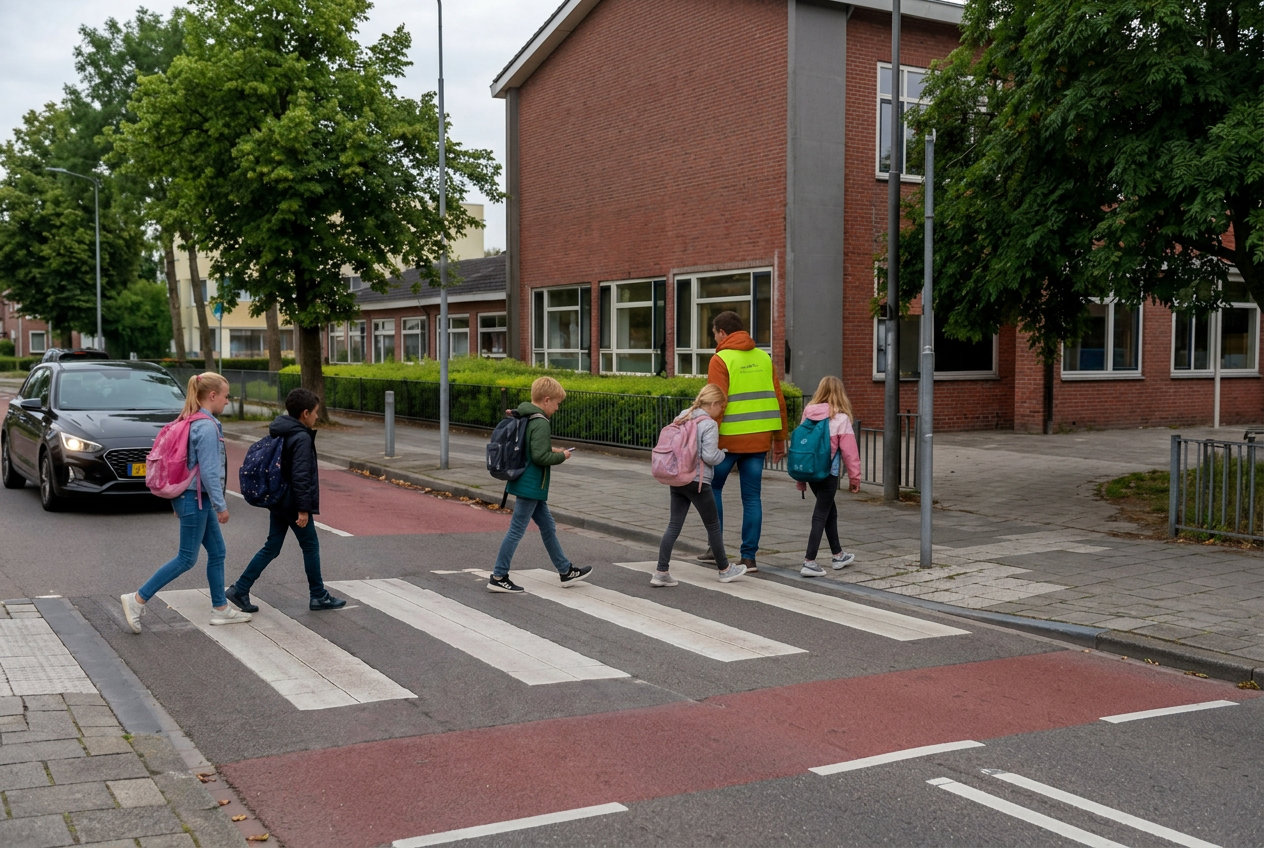 Kinderen steken samen met een verkeersbegeleider over op een zebrapad bij school